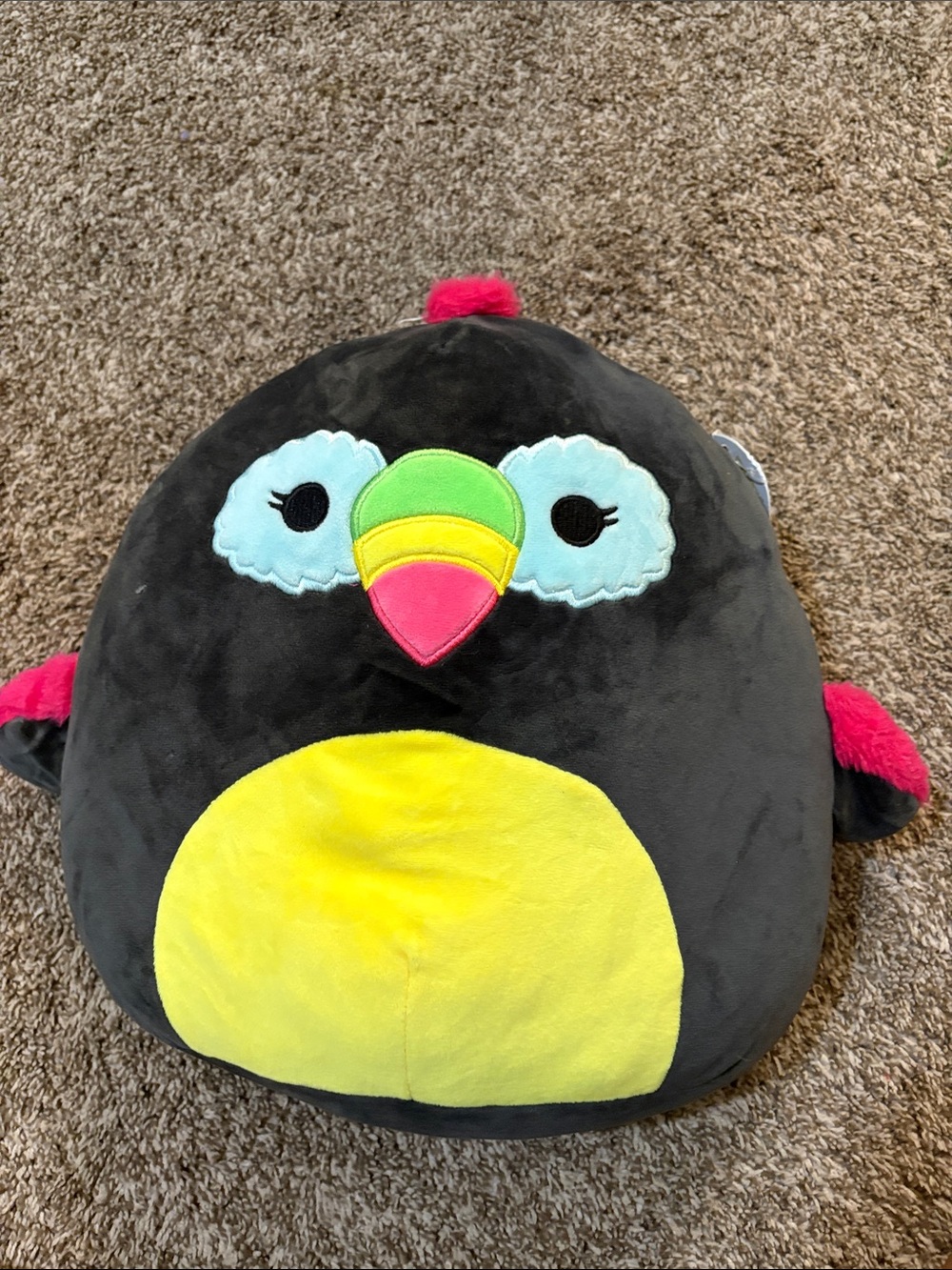Squishmallows Black Bird Plush with Yellow Belly and Pink Beak Accents
